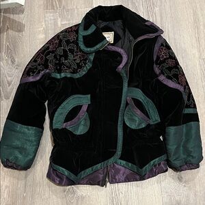 Embroidered Vintage Velvet Teal and Purple Floral 80s Jacket